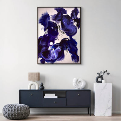 Echoes Of The Storm, original Blue, Indigo, Red abstract painting by Paresh Nrshinga displayed in a contemporary interior.