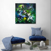 Large abstract canvas art with vibrant green and blue colors depicting a lush, natural scene. Textured brushstrokes create a dynamic, modern artwork suitable for home or office decor.