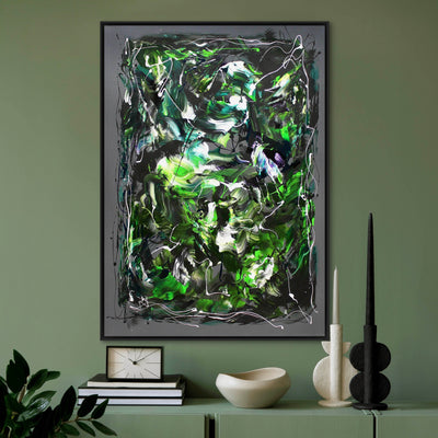 Emerald Veil, original Black, Charcoal, Emerald abstract painting by Paresh Nrshinga displayed in a contemporary interior.