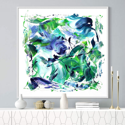Emerald Whirlwind, original abstract painting by Paresh Nrshinga displayed in a contemporary interior.