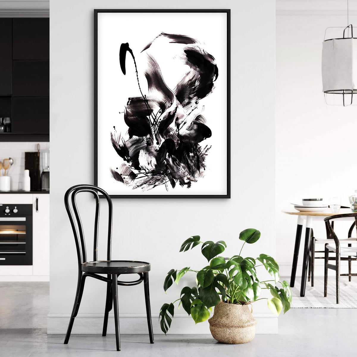 Essence In Motion II, original Black, White abstract painting by Paresh Nrshinga displayed in a contemporary interior.
