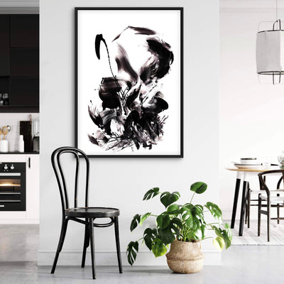 Essence In Motion II, original Black, White abstract painting by Paresh Nrshinga displayed in a contemporary interior.