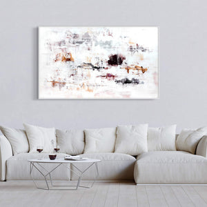 Abstract painting on a wall above a white sofa in a living room. beige and white abstract landscape for living room, large canvas paintings