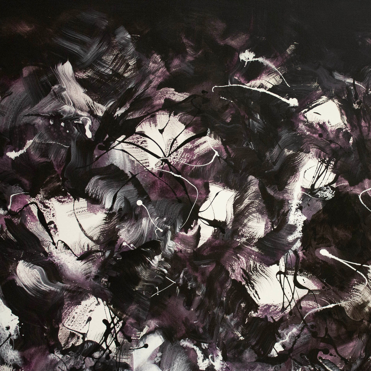 Dramatic abstract landscape featuring bold brushstrokes in shades of black, purple, and white, creating a captivating monochrome composition.