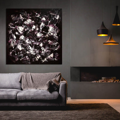 Expansive Abstract Art | Midnight Garden 55x55" - Dramatic monochrome painting displayed above cozy living room sofa with pendant lights, showcasing modern abstract landscape design.