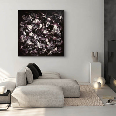Striking abstract floral painting in black and white decor for modern living room