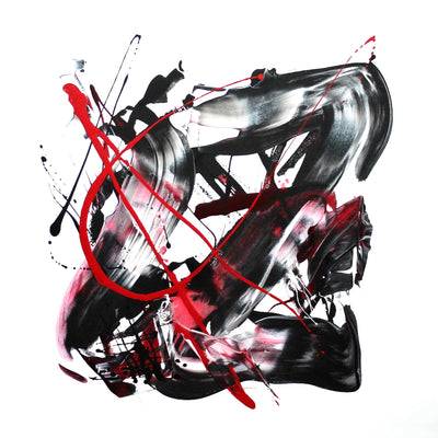 Triptych abstract landscape art with black, white, and red splashes