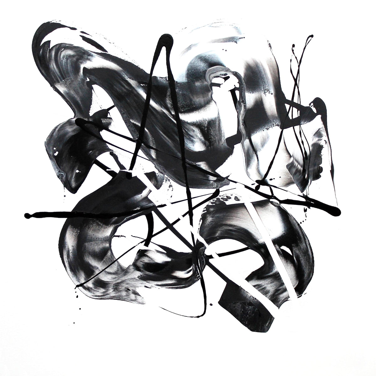 Monochrome abstract triptych art piece featuring dynamic black and white brushstrokes, creating a captivating modern visual experience.