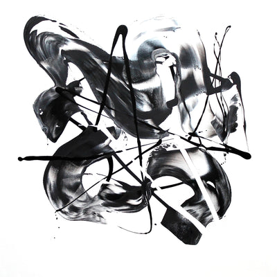 Monochrome abstract triptych art piece featuring dynamic black and white brushstrokes, creating a captivating modern visual experience.