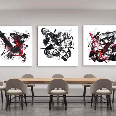 Contemporary Triptych Art | Firedance, Dreams, Fly Away | Dramatic Abstract Landscape | Bold Black, White, and Red Accents | Paresh Nrshinga Original Artwork