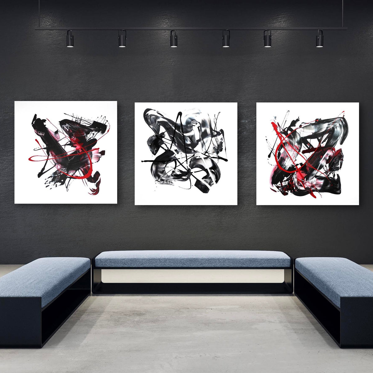 Triptych Abstract Art | Fiery Motifs, Dreamlike Designs, Soaring Silhouettes | Monochrome Paintings on Gallery Wall