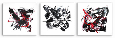 Abstract triptych artwork featuring bold black, white, and red brushstrokes. Striking modern art with dynamic, energetic compositions. Large-scale abstract landscape paintings showcasing the artist's Paresh Nrshinga's unique style.