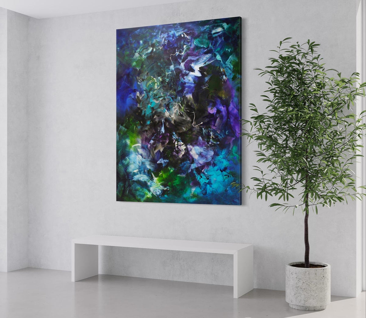 Jardin Fleuri by Paresh Nrshinga, extra large blue, green and violet abstract painting above a white bench