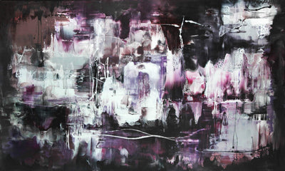 Abstract landscape painting featuring vibrant brushstrokes in shades of purple, black, and white, creating a sense of depth and movement.