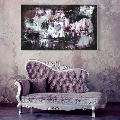 Abstract Landscape | Distant Skies 36x60" - Large abstract painting on canvas with bold, colourful brushstrokes in purple, white and black hues,