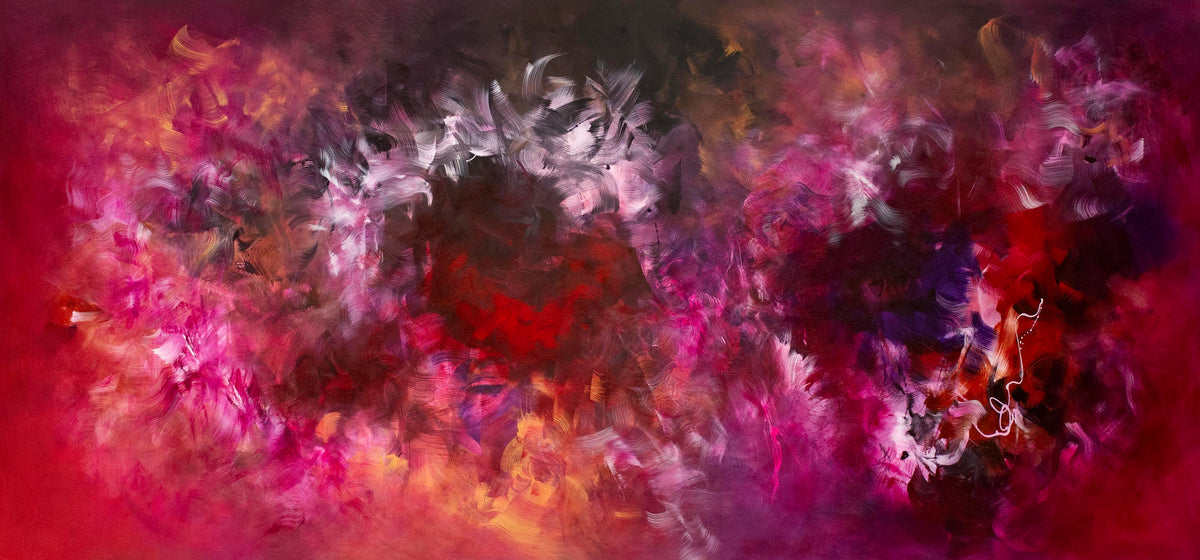 Vibrant abstract landscape with swirling colors of red, pink, and purple, depicting a dynamic "Light of Change" scene.