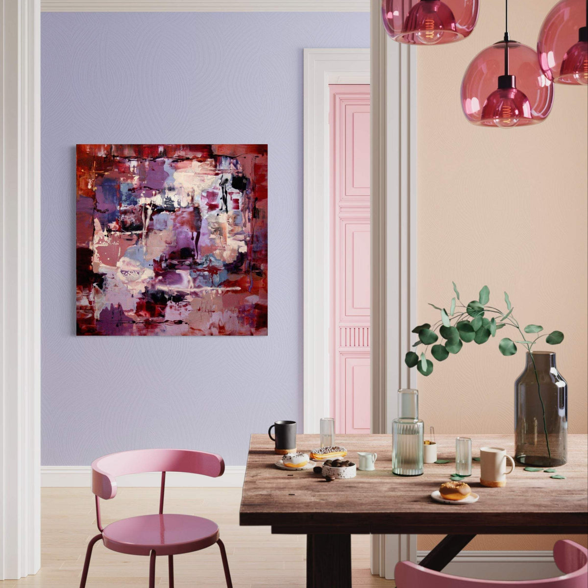Captured Dream by Paresh Nrshinga, colourful abstract painting displayed in a dining room