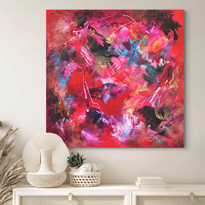Contemporary abstract wall art with vibrant magenta and coral