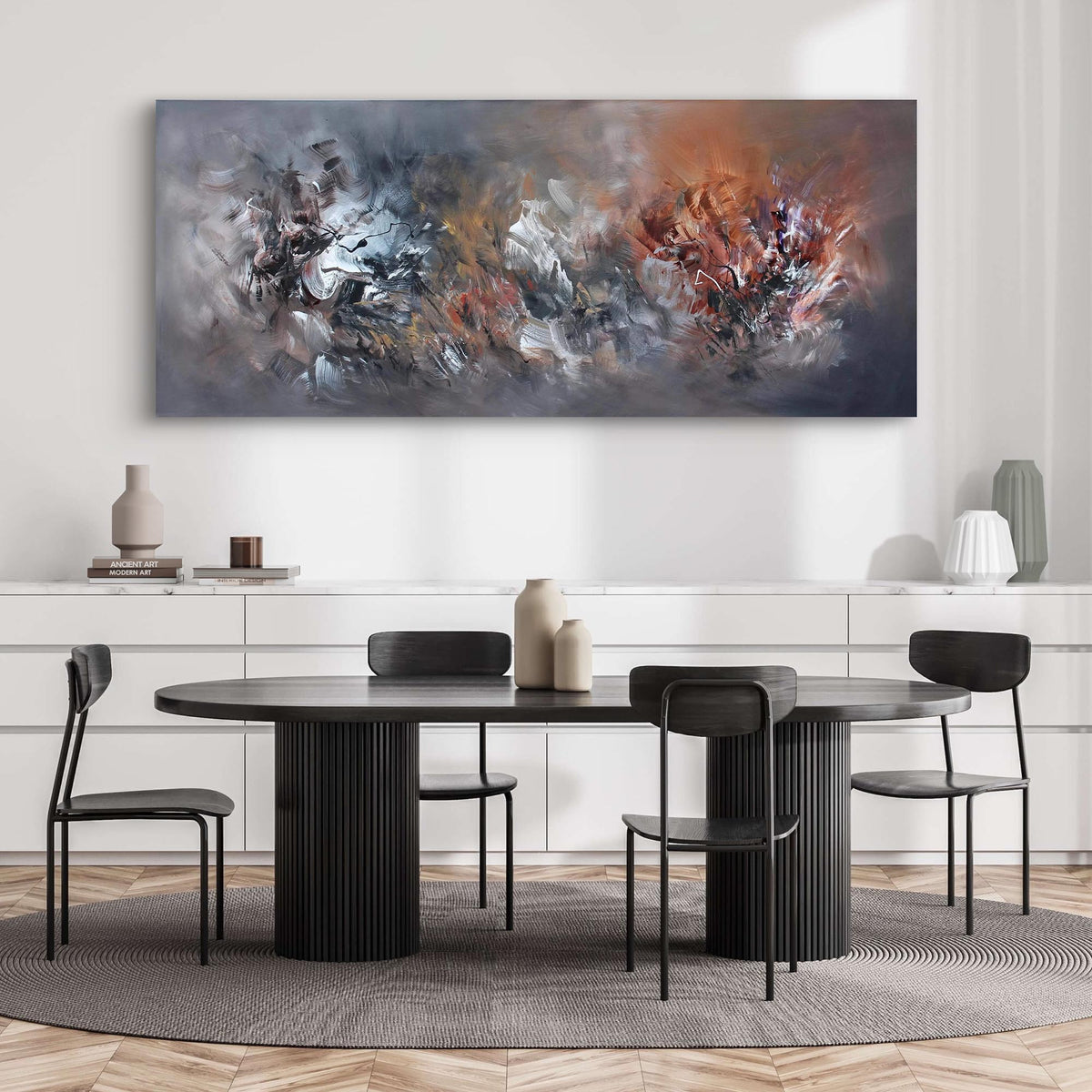 Find My Peace, original Bronze, Brown abstract painting by Paresh Nrshinga displayed in a contemporary interior.