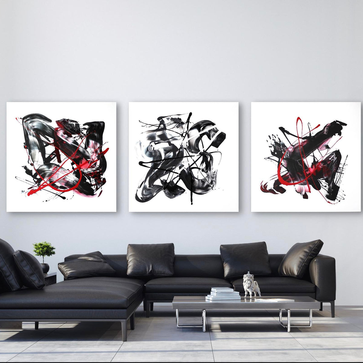 Firedance, Dreams, Fly Away, original Black, Red, White abstract painting by Paresh Nrshinga displayed in a contemporary interior.