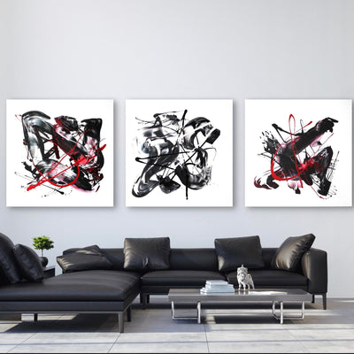 Firedance, Dreams, Fly Away, original Black, Red, White abstract painting by Paresh Nrshinga displayed in a contemporary interior.