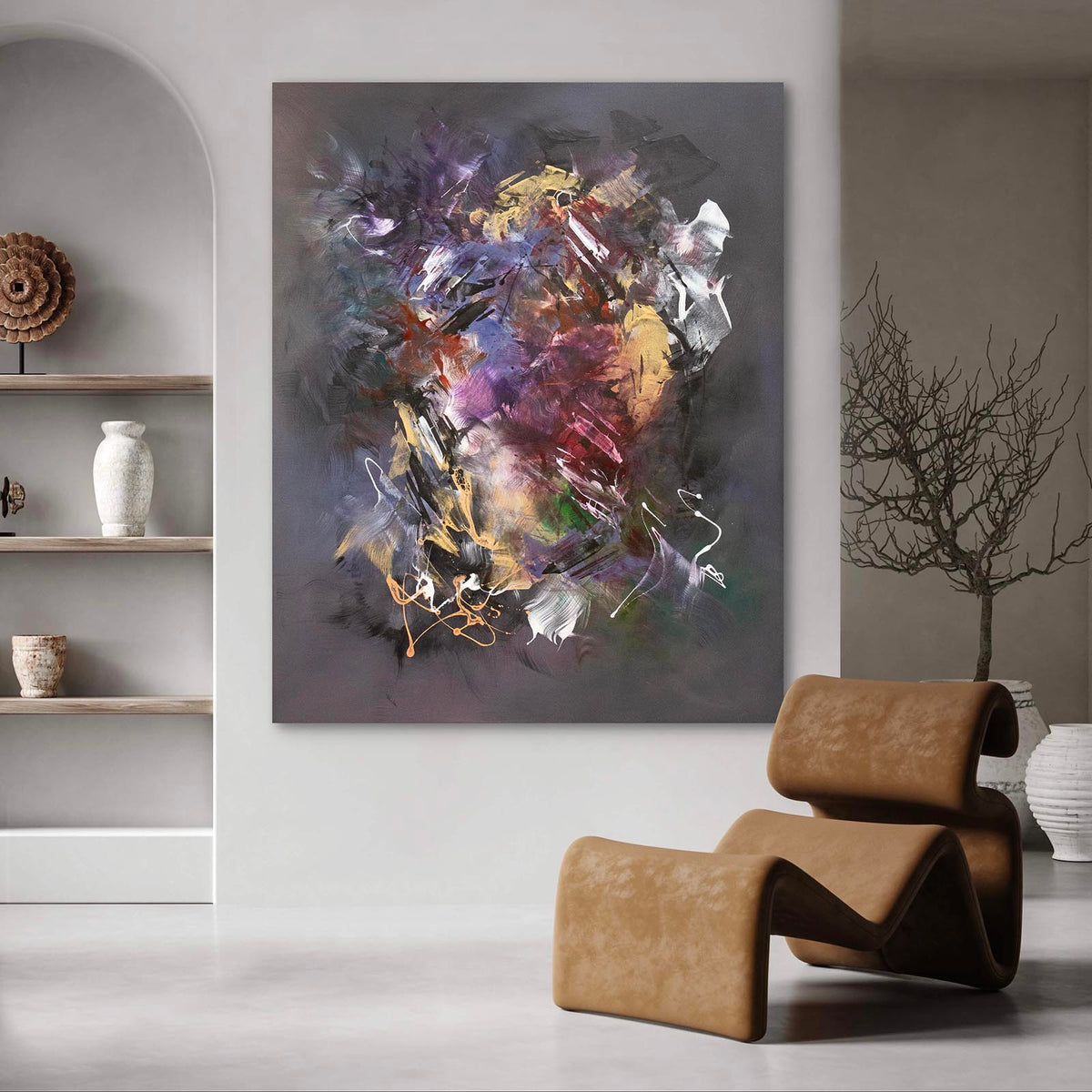 Fluid Light, original Gold, Multicolour, Purple abstract painting by Paresh Nrshinga displayed in a contemporary interior.