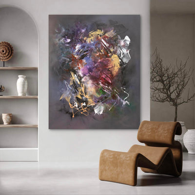 Fluid Light, original Gold, Multicolour, Purple abstract painting by Paresh Nrshinga displayed in a contemporary interior.