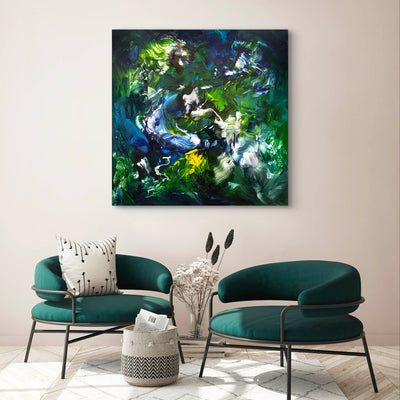Forest Glow, original Blue, Green, Red abstract painting by Paresh Nrshinga.