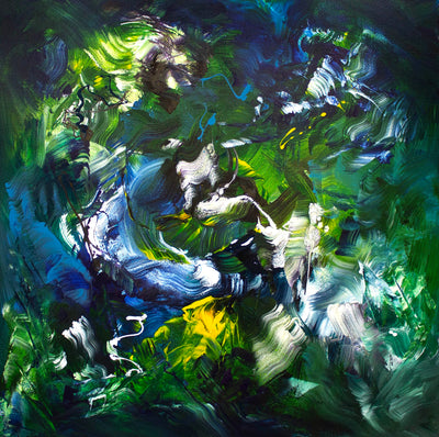 Contemporary abstract wall art in emerald, cobalt and lime tones for modern living room