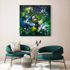 Large green and blue abstract painting 100x100 cm by Paresh Nrshinga, inspired by forest light and movement