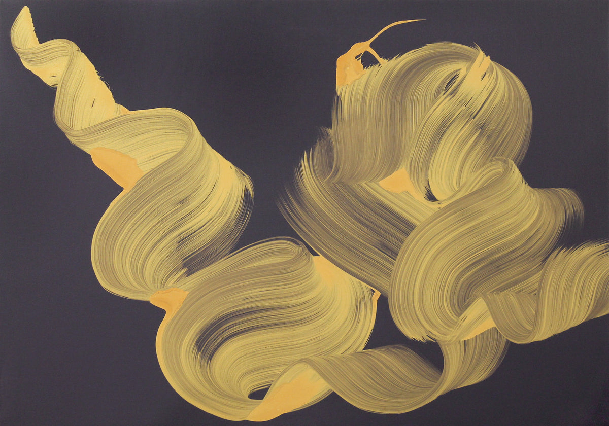The Space We Keep by Paresh Nrshinga, gold and ochre on a dark ground abstract painting, original canvas view
