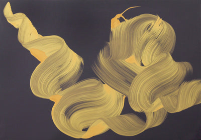 The Space We Keep by Paresh Nrshinga, gold and ochre on a dark ground abstract painting, original canvas view