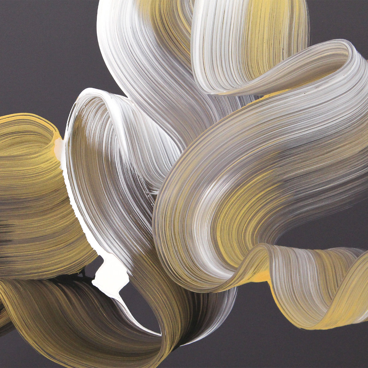 Detail of Holding a Dream by Paresh Nrshinga, flowing white, silver grey and gold brushstrokes