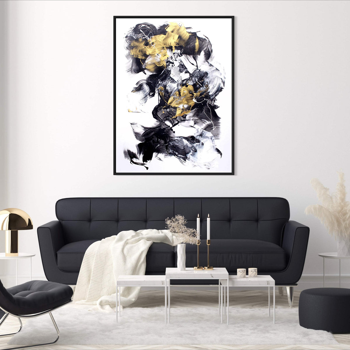 Golden Dust, original Black, White abstract painting by Paresh Nrshinga displayed in a contemporary interior.