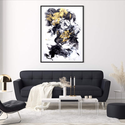 Golden Dust, original Black, White abstract painting by Paresh Nrshinga displayed in a contemporary interior.