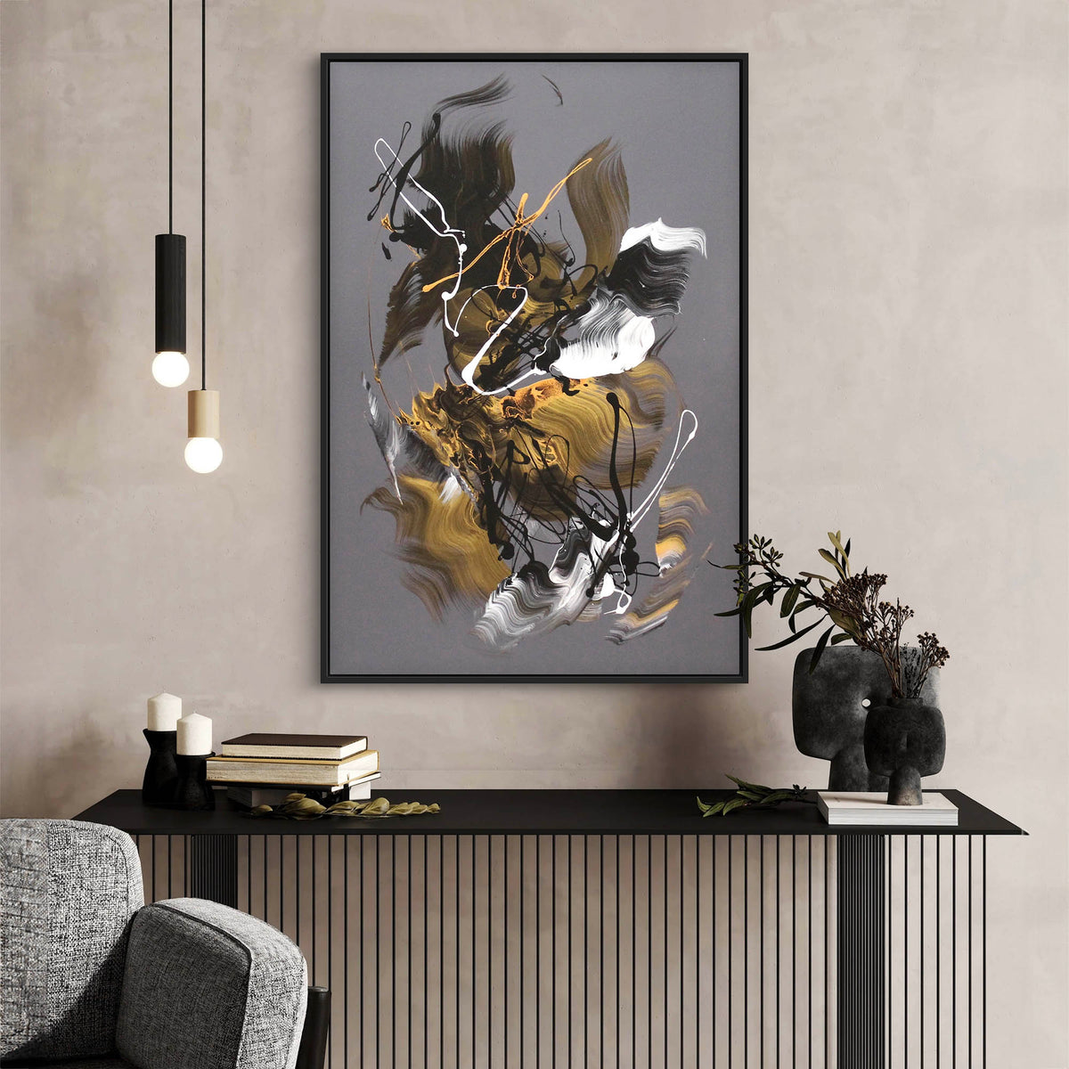 Golden Whispers II by Paresh Nrshinga, gold and charcoal abstract painting on canvas