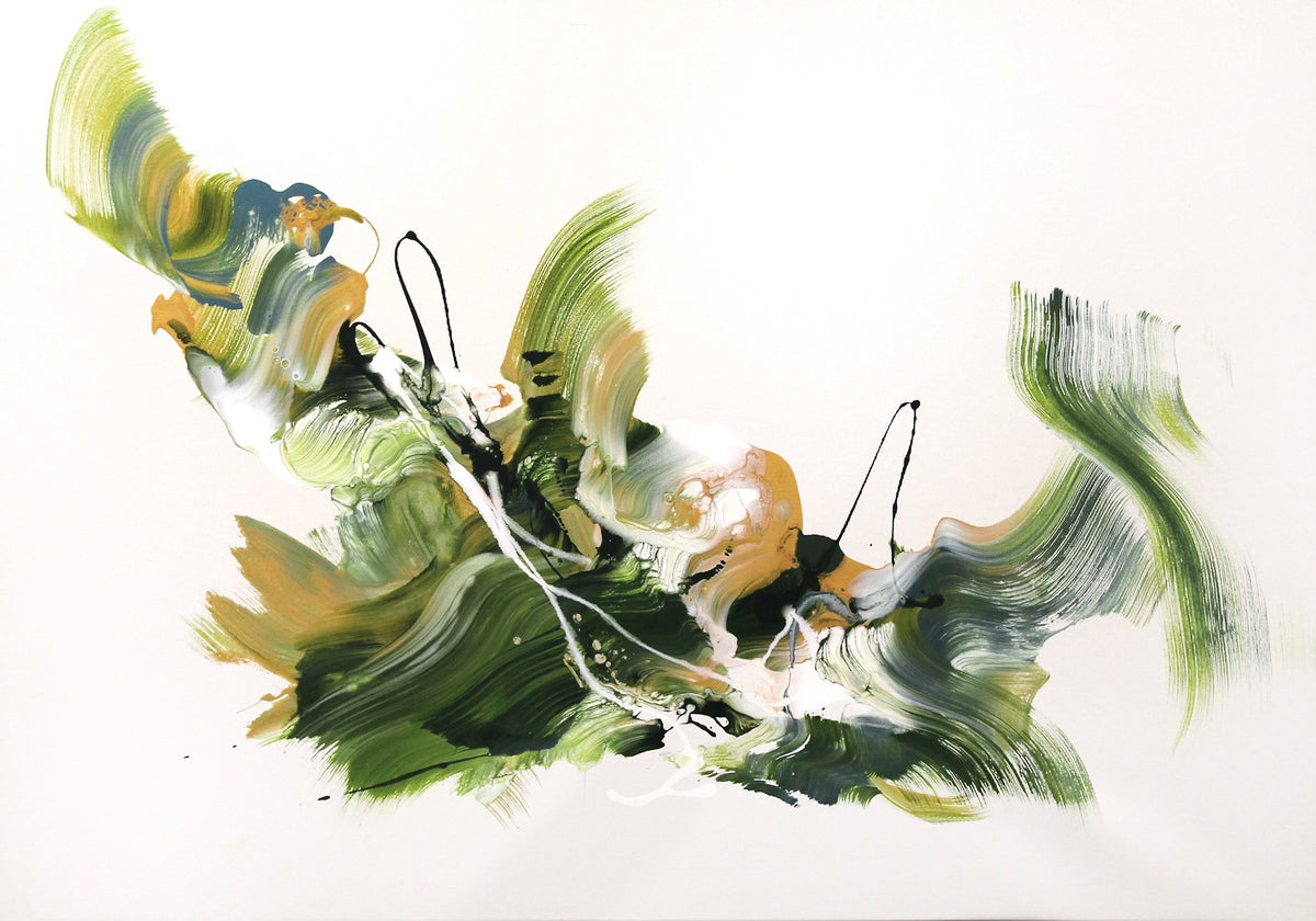 Held by Pale Light by Paresh Nrshinga, pale green, grey and white abstract painting, original canvas view