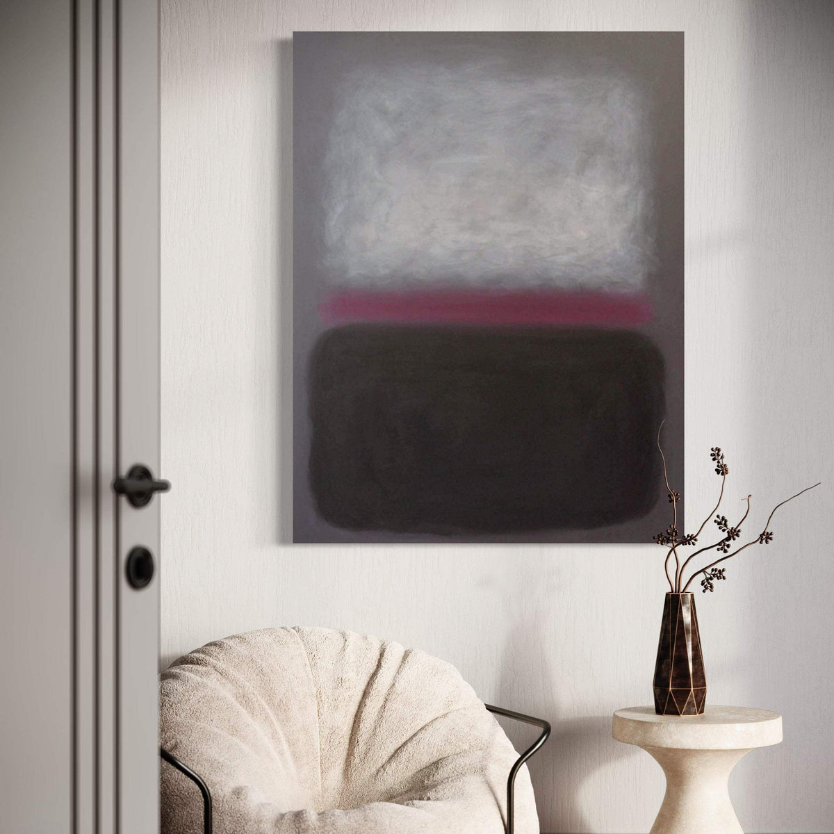 Precious Memories I by Paresh Nrshinga, abstract painting displayed beside a white armchair and vase