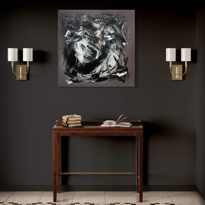 Taupe Abstraction | The Light Will Come 100x100cm - Large abstract square painting on dark wall with wall sconces and wooden console table
