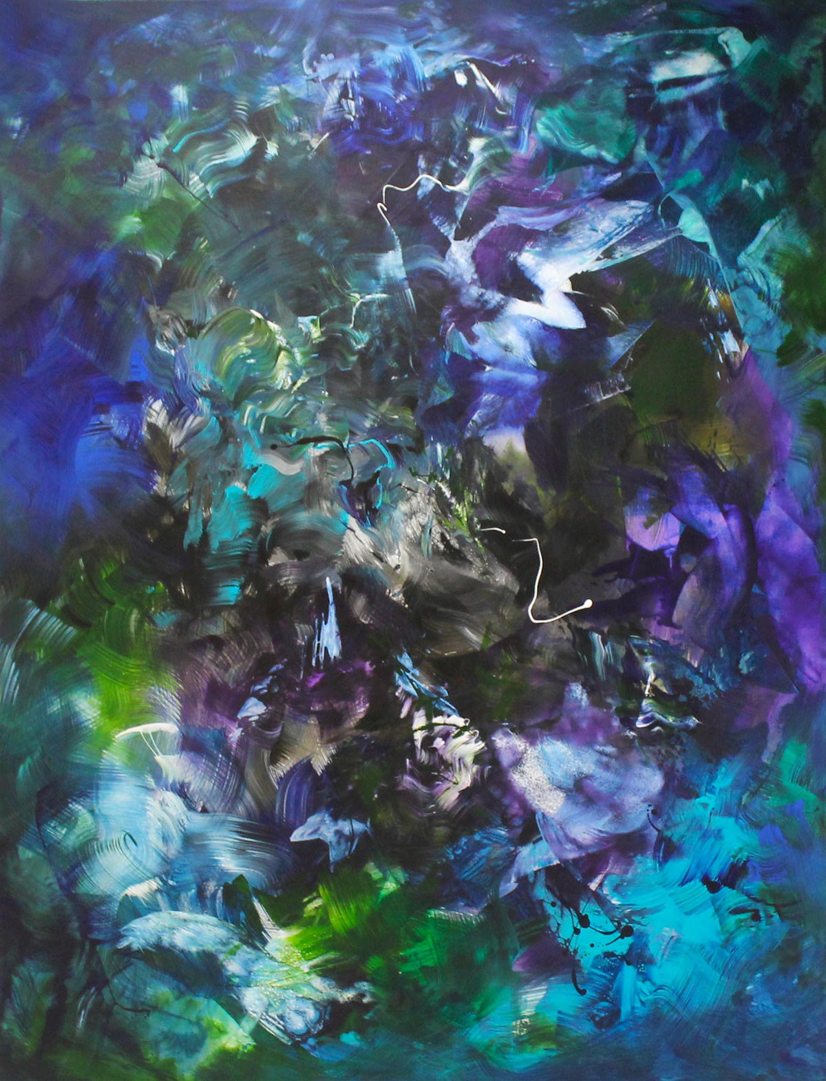 Jardin Fleuri by Paresh Nrshinga, original abstract painting in deep violet, teal, emerald, black and white