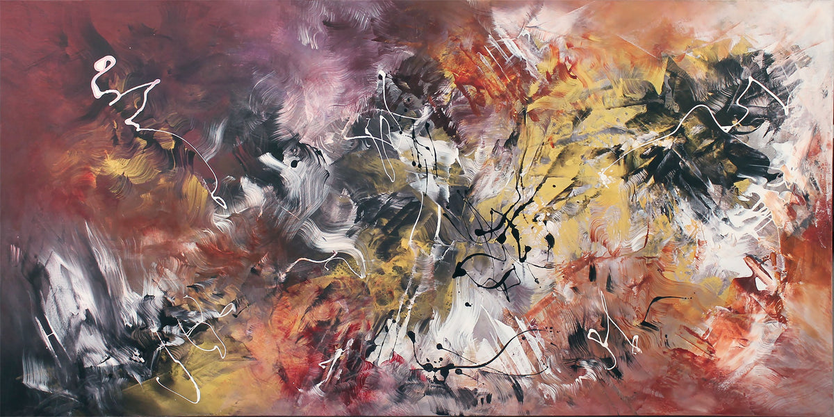 Just Before by Paresh Nrshinga, original abstract painting in burgundy, rust, ochre, black and white