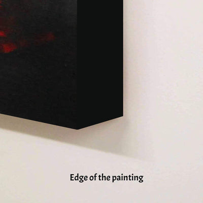 Striking abstract painting with bold black and red tones, prominent edge visible in the image