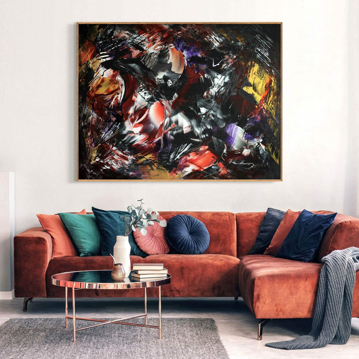 Colorful Abstract Art | Eternal Note I 100x130cm
Large abstract painting displayed on the wall above a stylish orange sofa with colorful throw pillows, creating a modern and vibrant living space.