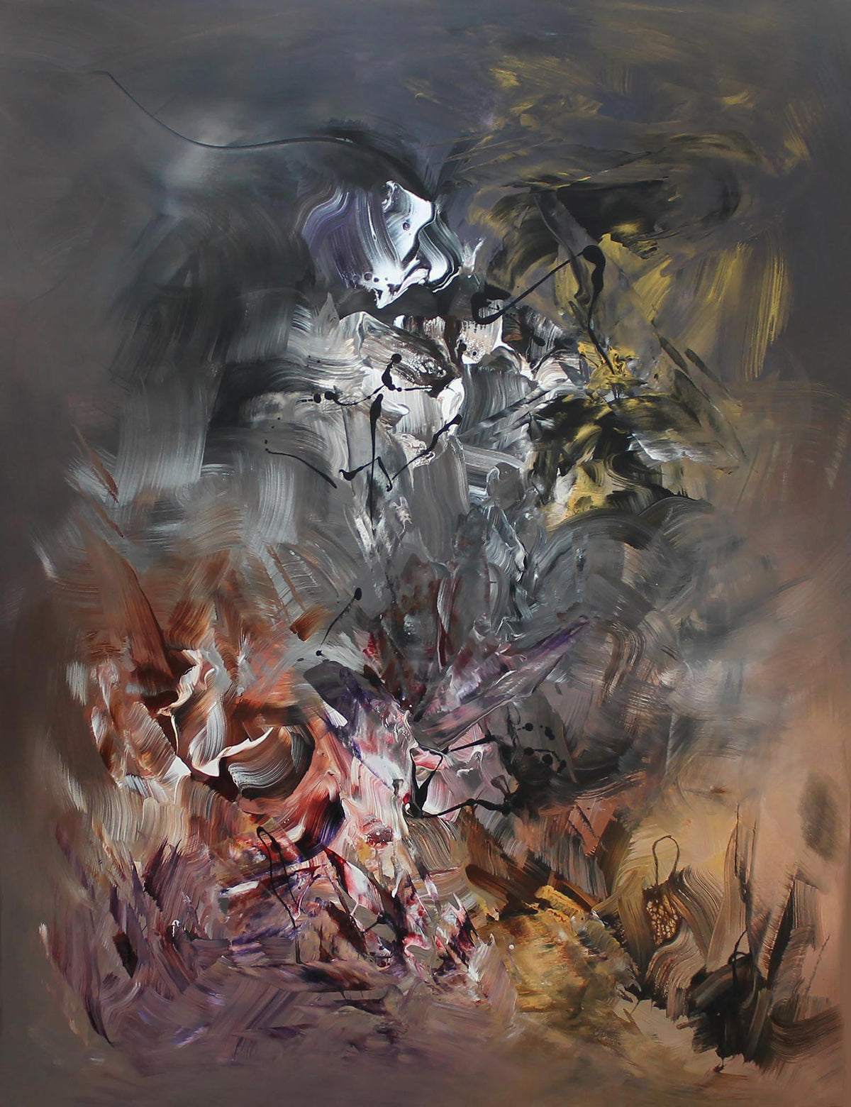 Large abstract artwork featuring a dynamic mix of bold brushstrokes, vivid colors, and textural elements. The painting showcases an expressive, energetic composition with a captivating interplay of light and shadow.