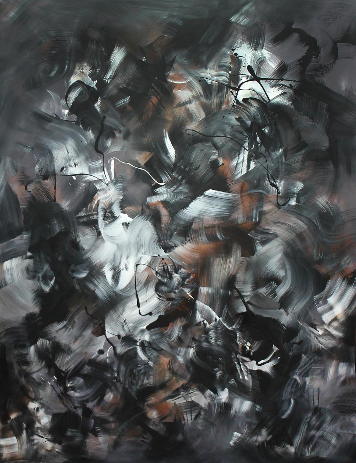 Chromatic Symphony 100x130cm - Abstract monochrome artwork with dynamic brushstrokes and vibrant splashes of colour.