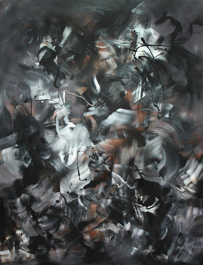 Chromatic Symphony 100x130cm - Abstract monochrome artwork with dynamic brushstrokes and vibrant splashes of colour.