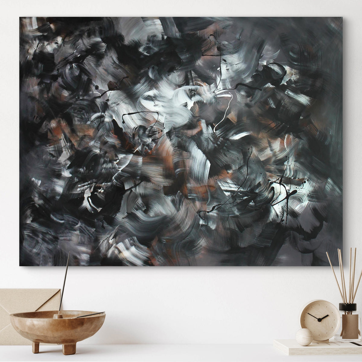 Chromatic Symphony by Paresh Nrshinga, black, white and earthy abstract painting in an interior