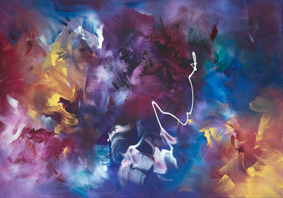 Echo Of A Thought by Paresh Nrshinga, purple, blue and gold abstract painting, original canvas view