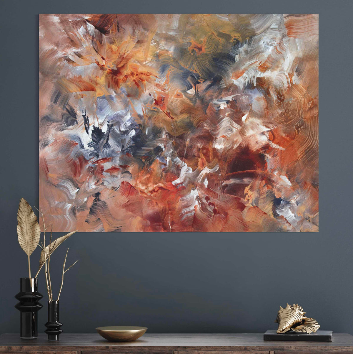 Autumn Breeze II by Paresh Nrshinga, amber, rust and grey abstract painting, another interior view