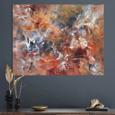 Autumn Breeze II by Paresh Nrshinga, amber, rust and grey abstract painting, another interior view